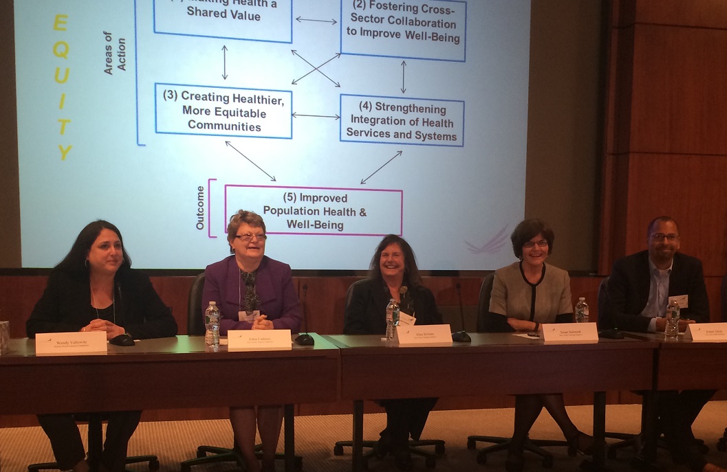From left to right, panel discussion moderated by Wendy Yallowitz, MSW, Program Officer RWJF with Edna Cadmus, PhD, RN, NEA-BC, FAAN, Co-Lead, NJAC; Aline Holmes, DNP, RN, Co-Director NJNI; Susan Salmond, EdD, RN, ANEF, FAAN, Co-Director NJNI; and Robert Atkins, PhD, RN, FAAN, Director, NJHI.