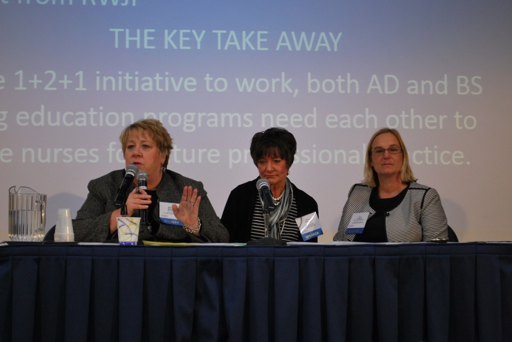 Speakers at the New Jersey Action Coalition Seamless Academic Progression Summit II included, from left, Marianne Markowitz, MS, RN, CNE, vice president and dean of St. Joseph’s College of Nursing, and Susan Bastable, EdD, RN, nursing department chair and professor at Le Moyne College, both in New York state, and Ann Hubbard, DNP, EdD, ARNP, CNE, associate dean of nursing at Indian River State College in Florida.  